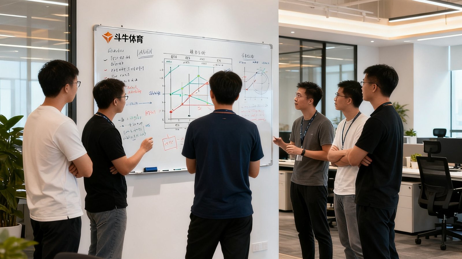 斗牛体育深圳办公室内景，团队正在白板上讨论赛事数据分析模型